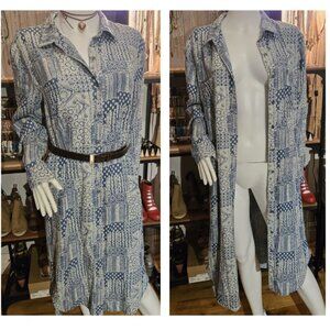 Blue White Printed Shirt-dress L with pockets